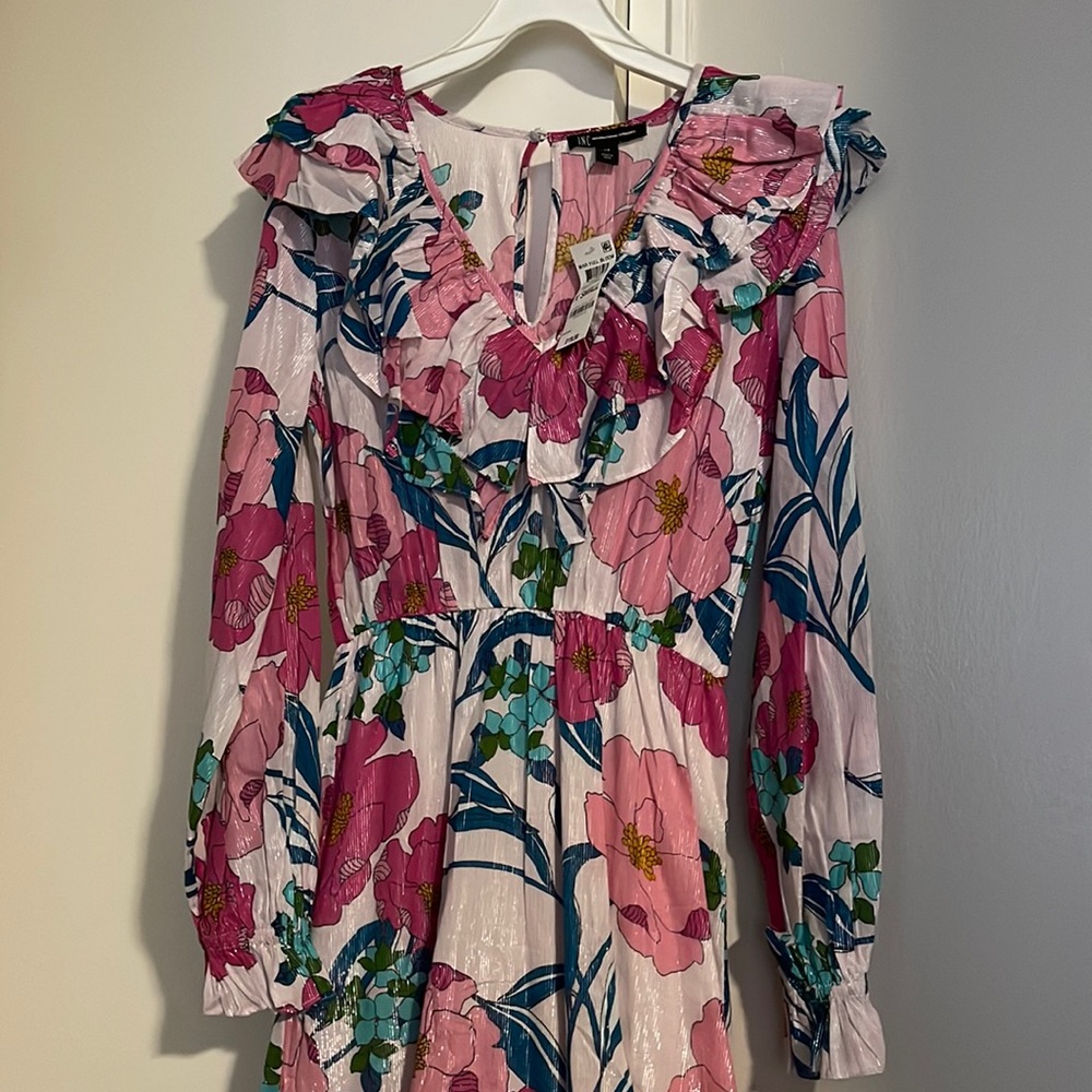 INC hot pink floral shiny Long sleeve maxi dress